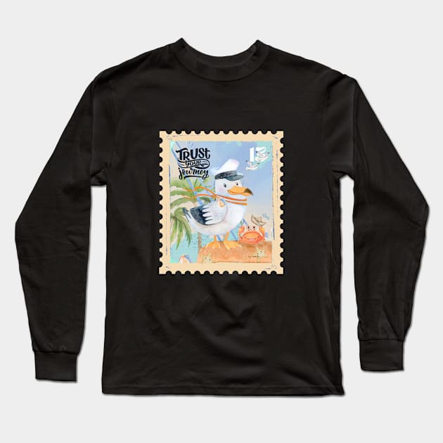 Seagull On His Journey With Little Crab Long Sleeve T-Shirt by Natifa